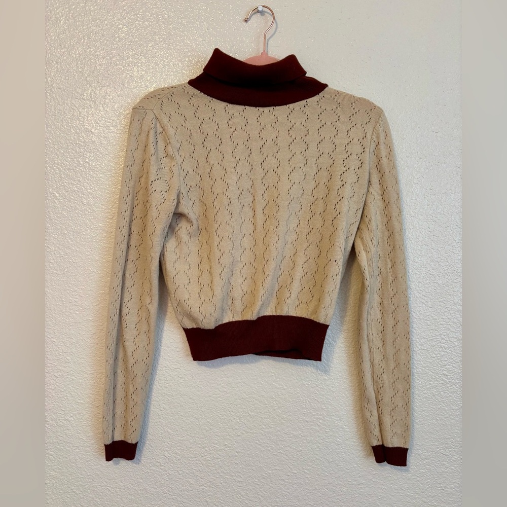 Burgundy and Tan Eyelet Rolled Cropped Turtleneck Sweater Asos Medium